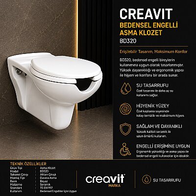 Creavit Bedensel Engelli Asma Klozet BD320 + Klozet Kapağı - CREAVİT