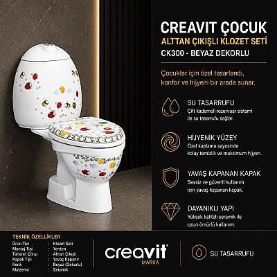 Creavit Çocuk Alttan Çıkışlı Klozet Seti - Beyaz Dekorlu CK300 - CREAVİT