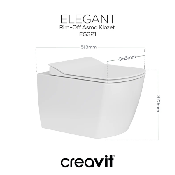 Creavit Elegant Rim-Off Asma Klozet Extra Beyaz EG321 + Elegant Klozet DP Kapak - 3