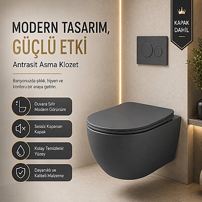 Creavit Free Rim-Off Asma Klozet Antrasit FE322 + Duck Klozet Kapağı - CREAVİT