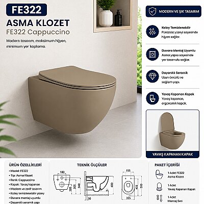 Creavit Free Rim-Off Asma Klozet Cappuccino FE322 + Duck Klozet Kapağı - CREAVİT