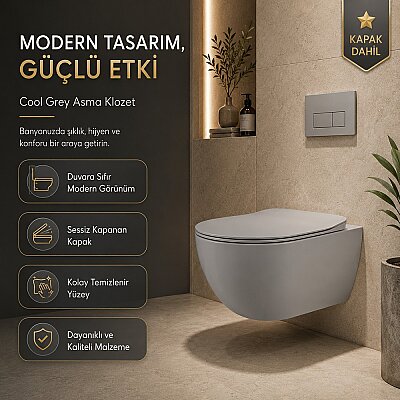 Creavit Free Rim-Off Asma Klozet Cool Grey FE322 + Duck Klozet Kapağı - CREAVİT