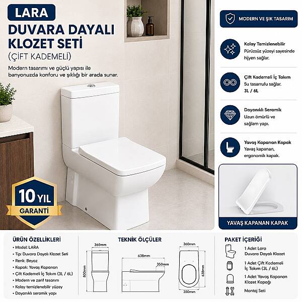 Creavit Lara Duvara Dayalı Klozet Seti LR360 + Lara PP Klozet Kapak - 1