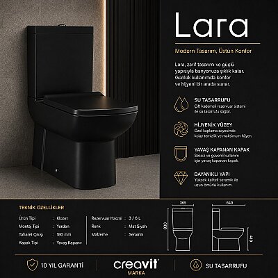 Creavit Lara Duvara Dayalı Klozet Seti Siyah LR360 - CREAVİT