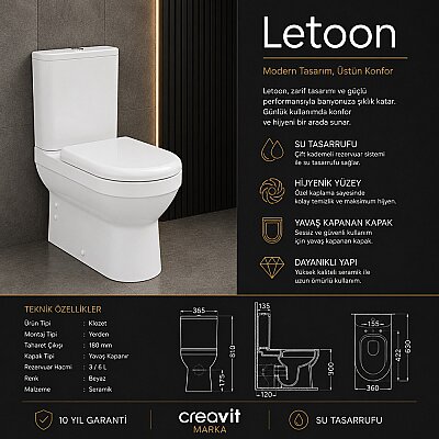 Creavit Letoon Rim Off Duvara Dayalı Klozet LT361 + Tefen DP Klozet Kapağı - CREAVİT
