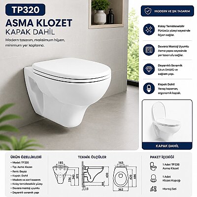 Creavit Perla Asma Klozet Beyaz TP320 + Çınar DP Klozet Kapağı - CREAVİT