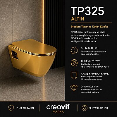 Creavit Terra Asma Klozet Altın TP325 + Klozet Kapağı - CREAVİT