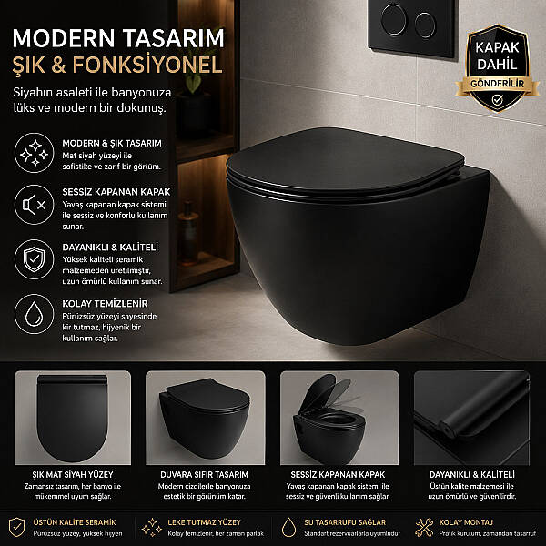 Creavit Terra Asma Klozet Mat Siyah TP325 + Kapak KC0903.01.1400E - 1