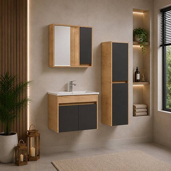 Kalay Alaska Banyo Dolabı Takımı 65cm Meşe - 1