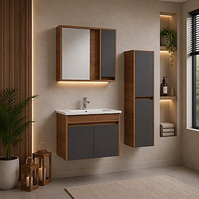 Kalay Alaska Banyo Dolabı Takımı 80cm Ceviz - KALAY
