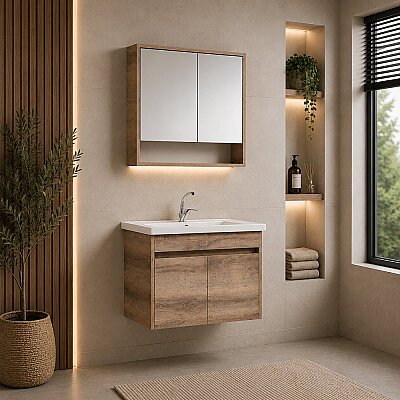 Kalay Kayra Banyo Dolabı Takımı 80cm Sacromento Meşe - KALAY