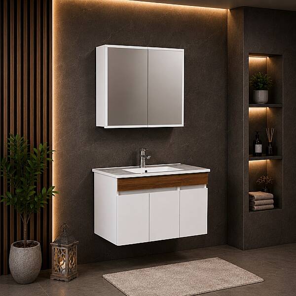 Kalay Natural Banyo Dolabı Takımı 100cm Pedro Ceviz - 1