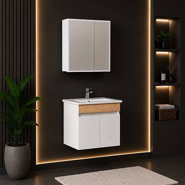 Kalay Natural Banyo Dolabı Takımı 65cm Veli Meşe - 1