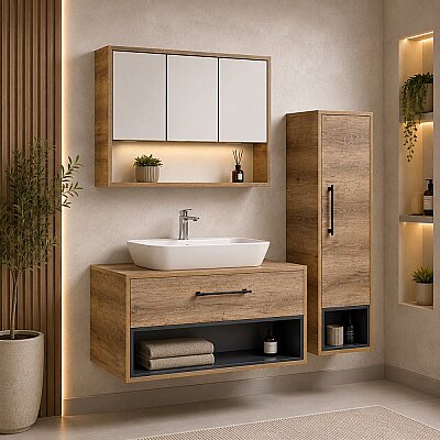 Kalay Nova Banyo Dolabı Takımı 100cm Sacromento Meşe - KALAY