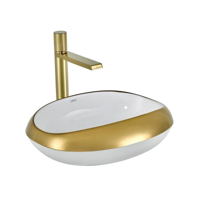 Lena EY-4710A Tezgah Üstü Lavabo Parlak Beyaz & Altın - 1