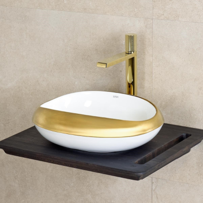 Lena EY-4710A Tezgah Üstü Lavabo Parlak Beyaz & Altın - 2