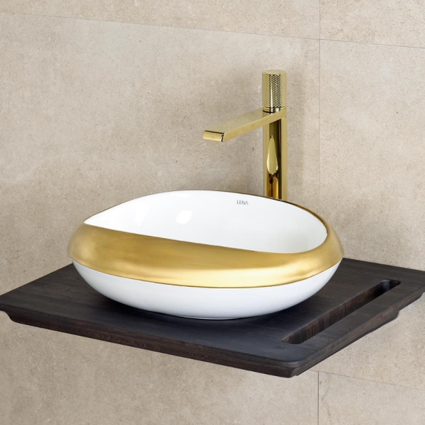 Lena EY-4710A Tezgah Üstü Lavabo Parlak Beyaz & Altın - 2