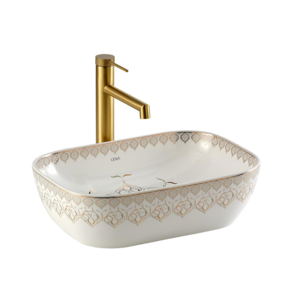 Lena EY-7033 Tezgah Üstü Lavabo Beyaz & Altın - 1