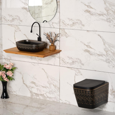 Lena EY-7033S Tezgah Üstü Lavabo Siyah & Altın - 3