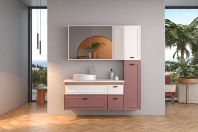 Shower Trio Banyo Dolabı 100cm Gül Kurusu-Beyaz - SHOWER