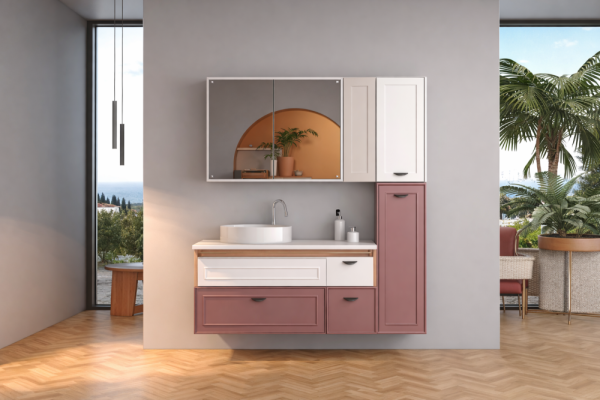 Shower Trio Banyo Dolabı 100cm Gül Kurusu-Beyaz - 1