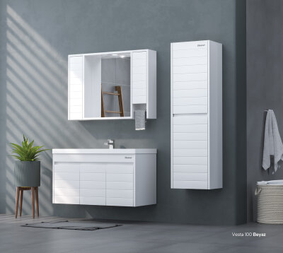 Shower Vesta Banyo Dolabı 100cm Beyaz-Beyaz - SHOWER